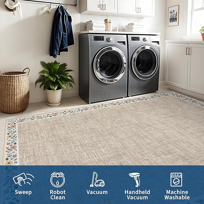 GarveeHome Entryway Rug 2x6 Modern Bordered Runner Rug Washable Kitchen Runners for Hallway Non-Slip Low-Pile Soft Carpet Floral Print Bathroom Mat for Bedroom Laundry Room, Light Camel