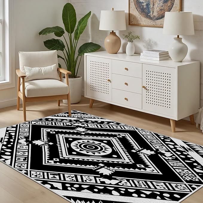 Area Rugs for Living Room 2x3, Moroccan Washable Low Pile Rug, Boho Neutral Farmhouse Ultra Soft Carpet for Bedroom Dining Room Home Decor, Geometric Print Tribal Carpets Black and White