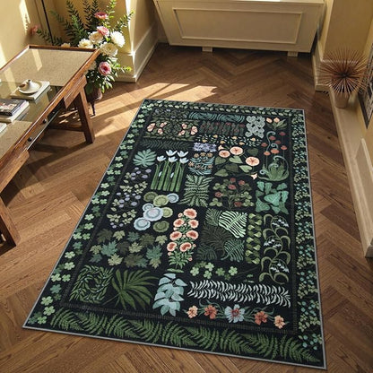 Floral Boho 3x5 Black Bathroom Entryway Kitchen Rug Non Slip Washable, Botanical Flower Area Rugs for Bedroom, Soft Modern Indoor Throw Carpet for Laundry Living Room Entrance (Black,3 x 5)