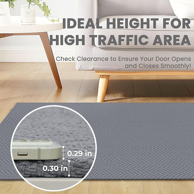 2x5 Ft Runner Rug Washable Runners for Hallways Kitchen Runner Rug with Rubber Backing Cotton Entryway Runner Indoor, Woven Floor Carpet for Hall Kitchen Bedroom, Grey