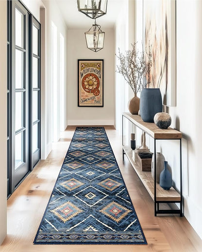 Area Rug 2x8 Rug Machine Washable Non-Slip Low Pile Print Pattern Western Rug for Living Room Bedroom Entryway Tribal Series -Darkblue