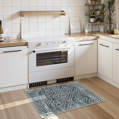 Wonnitar Moroccan Bathroom Rug,Washable 2x3 Small Bath Mat, Boho Tribal Soft Kitchen Sink Mat, Non-Slip Geometric Entry Way Rug, Low-Pile Indoor Carpet for Bedside Entrance Laundry (Dark Grey,2'x3')