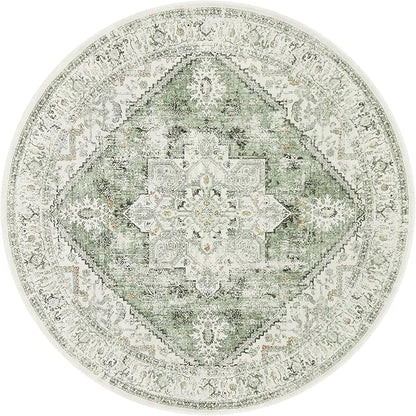 LIVEBOX Sage Green Round Rug 4ft, Vintage Tribal Circle Rugs for Entryway Foyer, Low-Pile Oriental Retro Rugs for Living Room, Stain Resistant Medallion Circular Rug for Bedroom