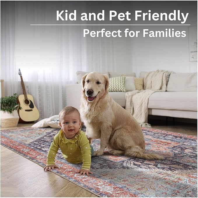 Bloom Rugs Washable Non-Slip 7 ft Runner - Terracotta/Blue Traditional Medallion Runner for Entryway, Hallway, Bathroom, and Kitchen - Exact Size: 2.5' x 7'