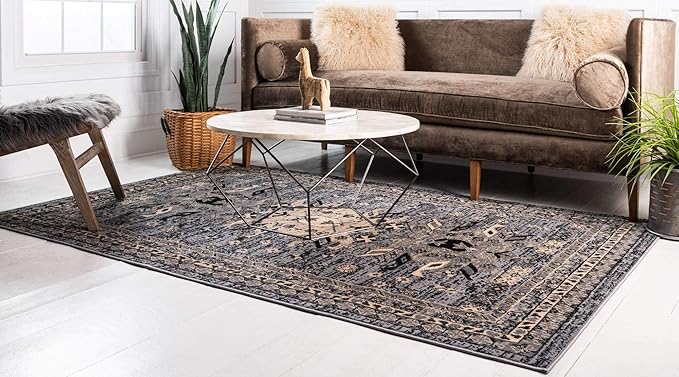 Unique Loom Taftan Collection Border Geometric Tribal Inspired Design Area Rug (4' 0 x 6' 0 Rectangular, Gray/ Black)