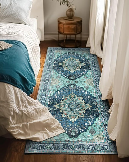 Area Rugs 2'x6' Washable Non-Slip, Floral Vintage Distress Print Pattern Medallion Carpet for Living Room Bedroom Dining Room, Teal Green Lake Blue Turquoise