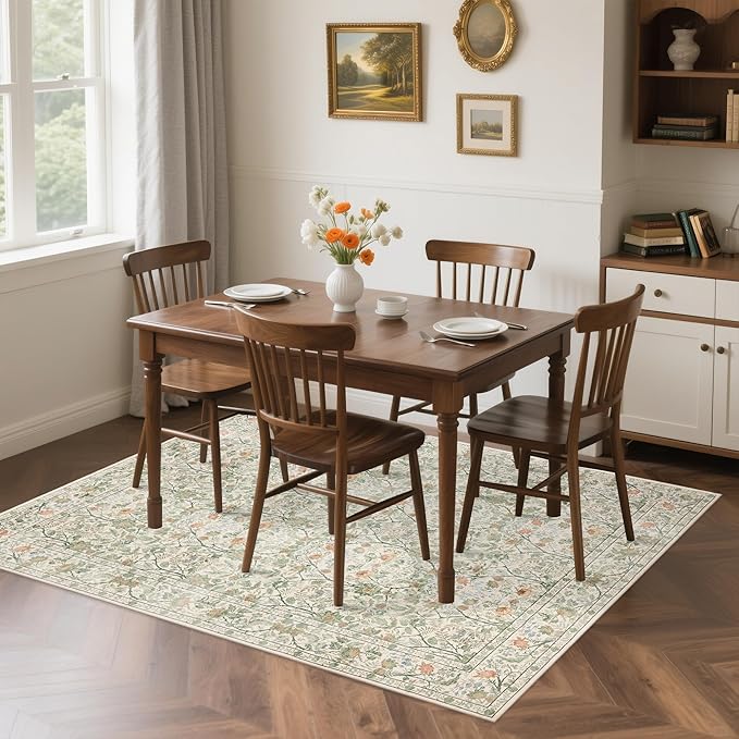 Washable Living Room Rug: 5x7 Boho Floral Soft Area Rug for Bedroom Decor - Vintage Low Pile Thin Carpet for Dining Room Non-Slip - Farmhouse Stain Resistant Rugs - Beige Green