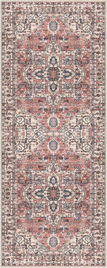 KOZYFLY Runners for Hallways 2x6 Ft Washable Kitchen Runner Rug Boho Runner Rug for Entryway Indoor Printed Oriental Faux Wool Floor Carpet Runner for Bedroom Kitchen Hall, Terracotta/Beige