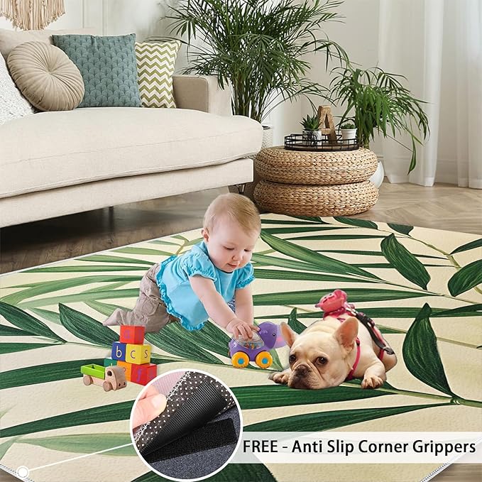 4x5 Bamboo Leaves Indoor Outdoor Rug - Realistic Botanical Art Bedside Rug, Minimalist Leaves Washable Entry Way Rugs Kids Carpet for Inside House Playroom Living Room End Table Nursery