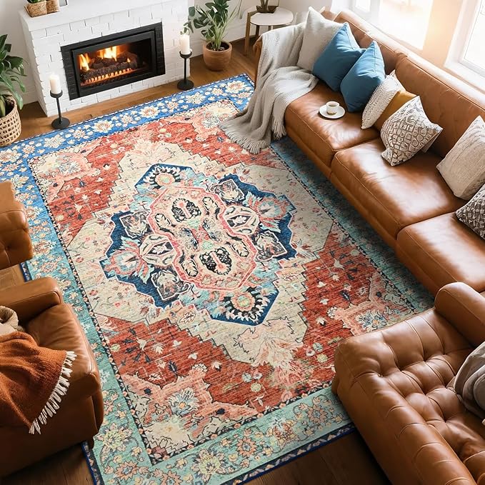 Area Rugs 6x9, Low Pile Washable Rugs, Soft Vintage Distressed Rugs for Living Room Bedroom, Office, Dining Room, Water Repellent & Non Shedding, Terracotta