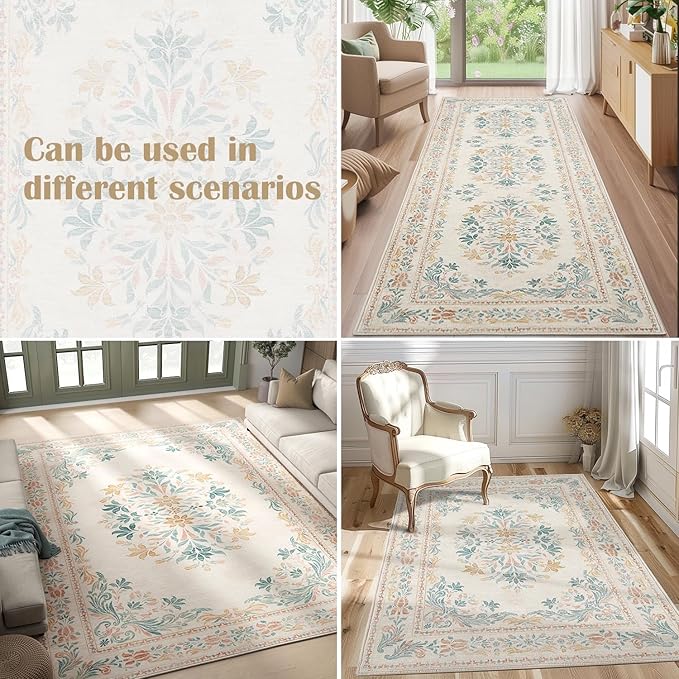 jinchan Vintage Floral Runner Rug 2x5 - Machine Washable Distressed Design Non-Slip Low-Pile Soft Thin Carpet for Hallway Kitchen Farmhouse Bedroom Entryway Laundry Room (2x5ft, Apricot Multi)
