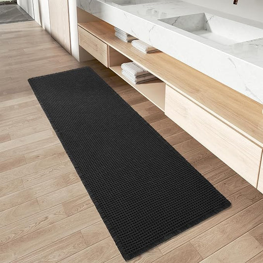 AMOAMI Upgraded Waffle Runner Rug Super Absorbent Non Slip Bath Mats for Bathroom Machine Washable Boho Bathroom Runner Rug with Tassels, Ideal for Hallway Bedroom Laundry Room, 2'x 6'