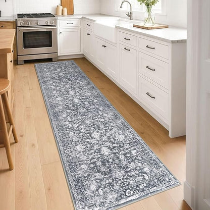 KILOCOCO Hallway Runner 2x8 Rug Runner Printed Vintage Floral Washable Kitchen Runners Non-Slip Rubber Backed Runners for Hallways Laundry Room Distressed Boho Rugs for Entryway Bedroom, Grey
