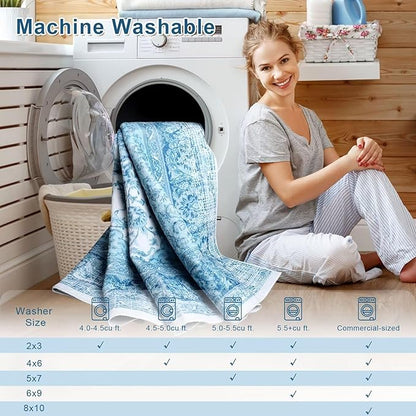 5x7 Area Rug for Bedroom, Machine Washable Rugs with Non-Slip Backing for Living Room, Soft Vintage Carpet Kitchen Laundry Kids Room Decor, Celestial Blue