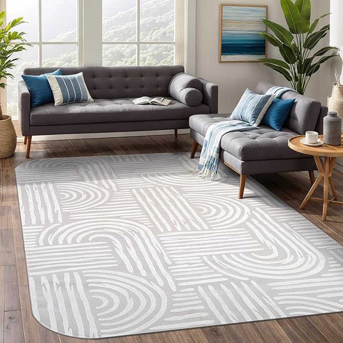 Beverly Rug Modern Geometric Area Rug 9x12 Low-High Pile Durable Soft Abstract Curved Indoor Rugs for Living Dining Room Office Stain Resistant Non Shedding Casual Indoor Carpet Beige White 9 x 12