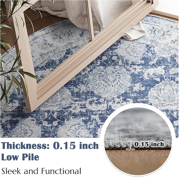 jinchan Fiora Round Rug 4ft Area Rugs Vintage Floral Distressed Design - Machine Washable Non-Slip Low-Pile Ultra-Thin Circle Rug for Entryway Bedside Living Room Bedroom (4' Round, Dark Blue)