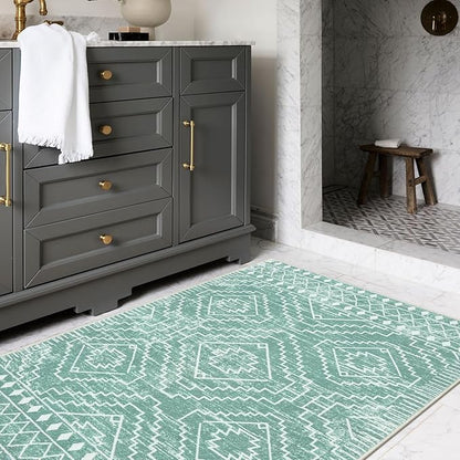 Wonnitar Moroccan 3x5 Area Rug, Sage Green Rug for Bedroom, Washable Farmhouse Kitchen Rug Non-Slip Living Room Throw Mat, Soft Non-Shedding Small Carpet for Bathroom Dorm Office (Mint Green,3'x5')