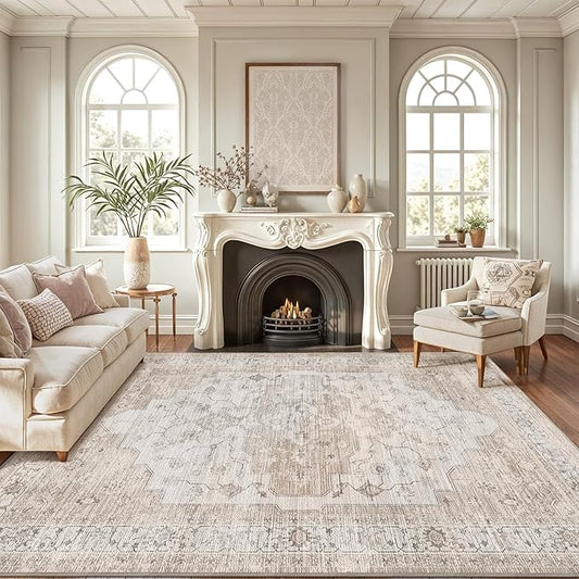 LUMI 8x10 Washable Area Rug for Living Room, Ultra Soft Vintage Rug with TPE Non Slip Backing, Stain Resistant, Low Profile Carpet High Traffic for Bedroom, Dining Room