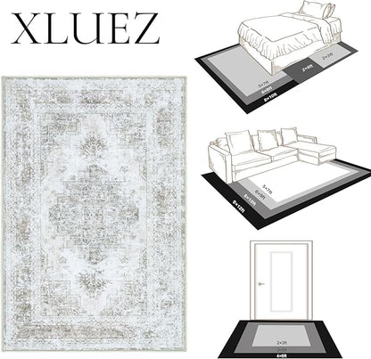 Area Rug 5x7 Living Room Rug, Machine Washable Vintage Distressed Medallion Rug Non-Slip Soft Low Pile Large Indoor Rugs for Bedroom Kitchen Dining Room Office(Taupe,5'x7')
