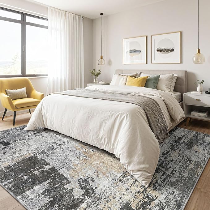 8x10 Area Rugs Living Room: Washable Large Abstract Modern Soft Rug Stain Resistant Indoor Floor Non Slip Accent Carpet for Bedroom Nursery Playroom Dining Room Office Dorm Home House- Black Gold