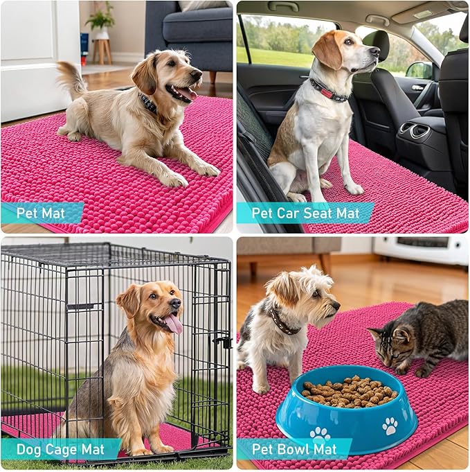 OLANLY Dog Door Mat for Muddy Paws 59x35, Absorbs Moisture and Dirt, Absorbent Non-Slip Washable Doormat, Quick Dry Chenille Mud Mat for Dogs, Entry Indoor Entryway Carpet for Inside Floor, Hot Pink
