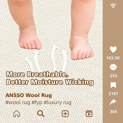ANSSO Wool Area Rugs 9x12 Living Room,80% Merino Wool and 20% Cotton Soft Tufted Area Rug with Cotton Non-Slip Backing,Large Area Rug for Bedroom Bedroom, Dining and Home Office (Cream White)