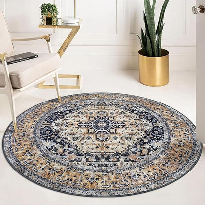 KOZYFLY Boho Round Rug 5 Ft Rugs for Entryway Washable Circle Rug Non Slip Doormat Gold Navy Printed Faux Wool Vintage Round Entryway Rug Floor Carpet Round for Entrance, Bedroom
