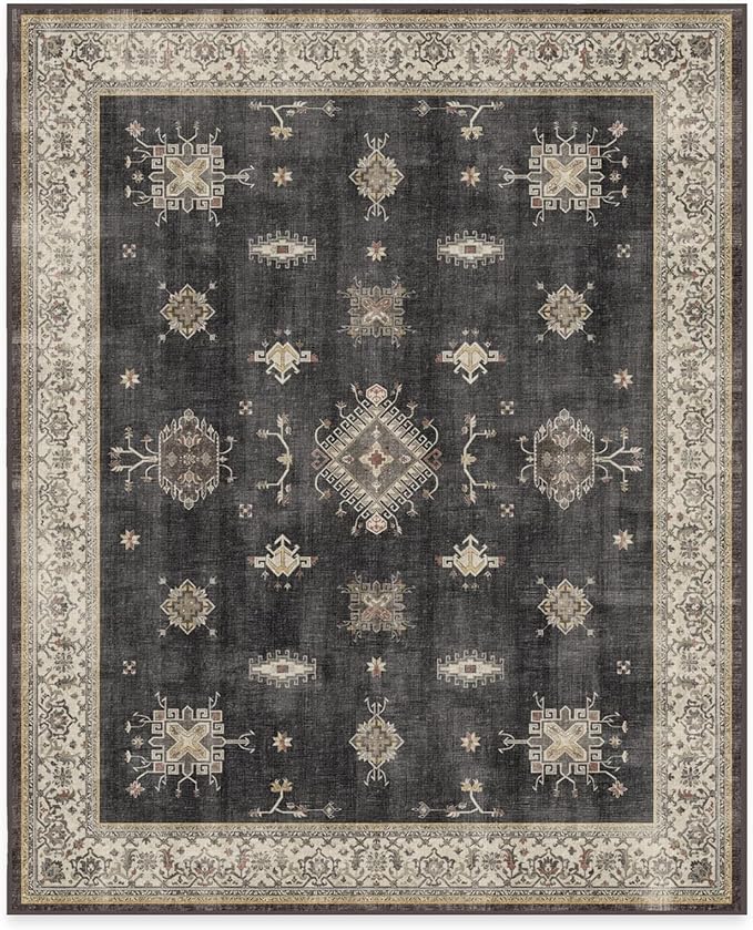 RUGGABLE Washable Vintage Area Rug – Verena Dark Wood 8x10, Stain-Resistant, Non-Slip – Large Machine Washable Rugs for Living Room, Bedroom, Hallway, Entryway & Office–with Cushioned Pad