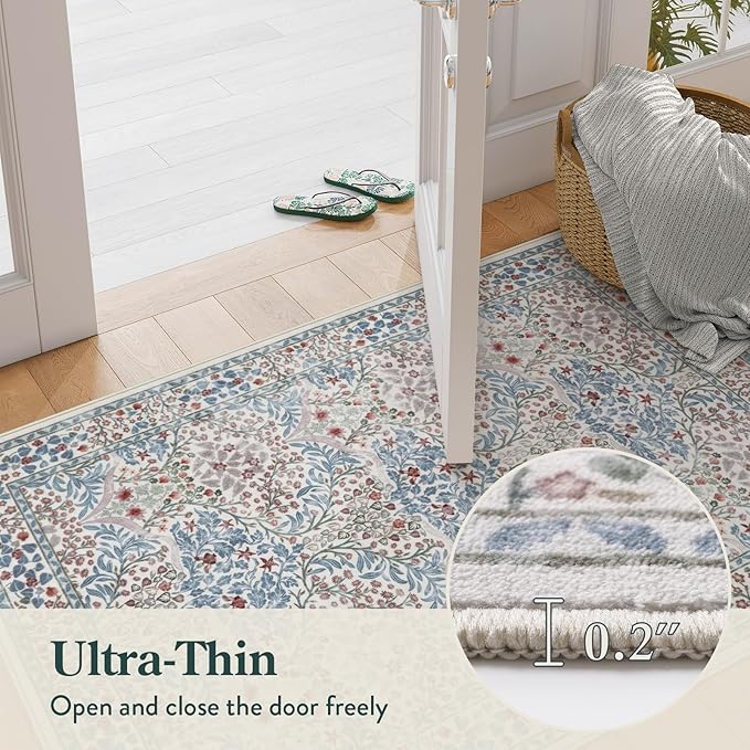 Lahome Floral Washable Rugs for Entryway, 2x3 Kitchen Rugs Non Slip Boho Soft Door Mat Indoor Entrance, Ultra-Thin Easy Clean Forest Design Small Throw Carpet for Bedroom Bathroom, Beige/Blue