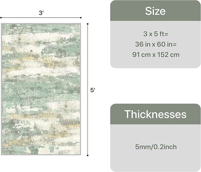 GENIMO 3x5 Rug for Entryway Washable Area Rug, Modern Abstract Small Rugs for Entrance Living Room, Bedroom Beside Rugs, Non-Slip Low Pile Lightweight Soft Carpet, Light Green
