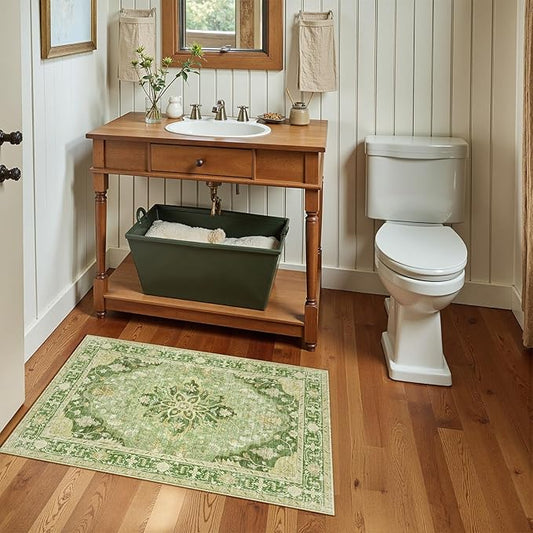 Area Rugs 2'x3' Washable Non-Slip, Floral Vintage Distress Print Pattern Medallion Carpet for Living Room Bedroom Dining Room, Sage Green Yellow