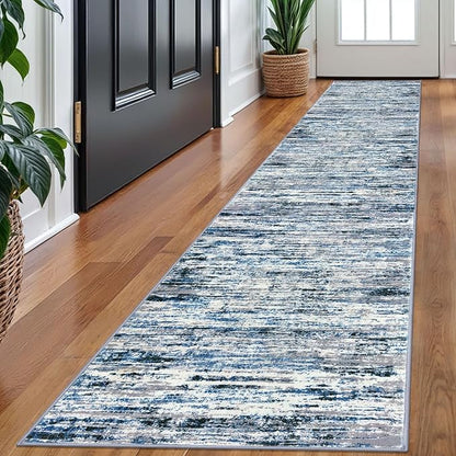 Modern Abstract Runner Rug 2x10, Grey Blue White Washable Long Kitchen Runner Non-Slip Soft Hallway Rug Runner Thin Print Faux Wool Carpet for Entryway Bedroom Laundry Room Indoor Home Decor