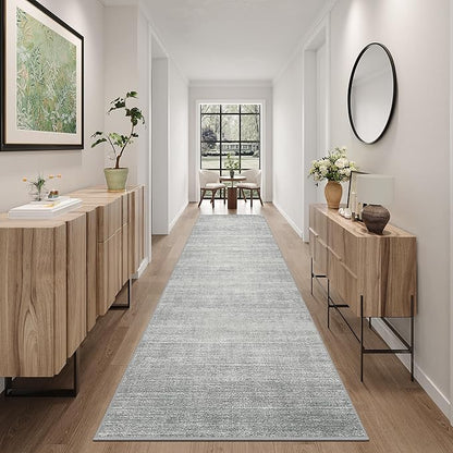 Art&Tuft Non-Slip Runner Rug - 2.5x14 Runner Rug Washable Low-Pile Rugs Runners, Soft Distressed Carpet Runner for Bedroom Bathroom Kitchen Laundry Living Room, Grey