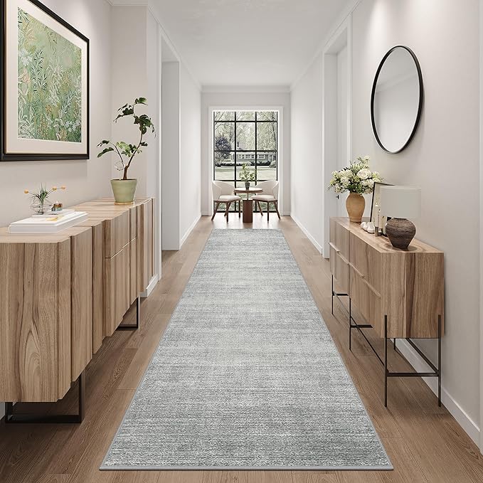 Art&Tuft Non-Slip Runner Rug - 3x12 Runner Rug Washable Low-Pile Rugs Runners, Soft Distressed Carpet Runner for Bedroom Bathroom Kitchen Laundry Living Room, Grey