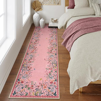 Lahome Boho Floral 2'6"x8 Pink Bathroom Runner Rugs Non Slip Washable,Soft Runners for Hallways,Indoor Carpet Runner with Rubber Backing for Entryway Kitchen Laundry(Pink,2'6"x8)