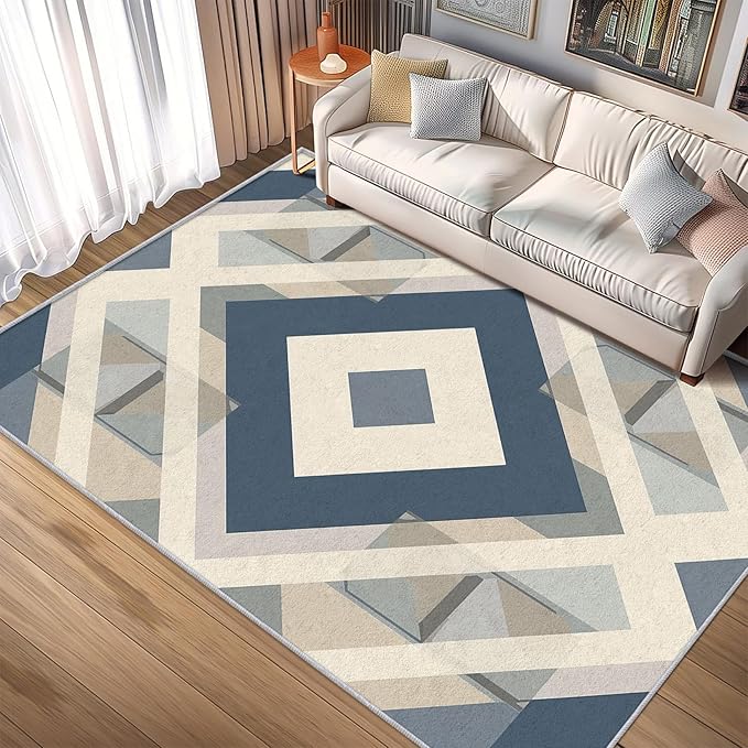 Geometric Rug, Washable 3x4 Rug for Living Room, Modern Abstract Patterned Indoor Carpet, Geometric Decor for Home, Bedroom, Soft Non Slip Thin Design FER93