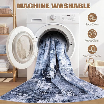 6ft Round Area Rug Living Room Rugs - 6x6 Washable Large Soft Indoor Neutral Modern Abstract Low Pile Rug Carpet for Bedroom Dining Room Farmhouse Home Office - Navy Blue
