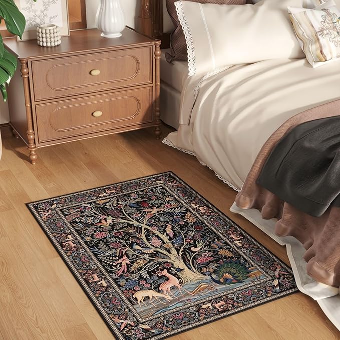 Rugcomf Indoor Door Mat 2x3 Rug Vibrant Tree of Life-Patterned Vintage Machine Washable Small Area Rug Non-Slip Low Pile Throw Rugs for Entryway Kitchen Front Door Entrance Entry Kids Room, Black