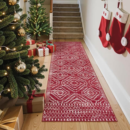 Wonnitar Moroccan Washable 2.5x8 Christmas Runner Rug for Hallway, Non-Slip Stain Resistant Kitchen Runners, Farmhouse Floor Carpet Soft Runner for Bathroom Hall Entyway (Red,2'6"x8')