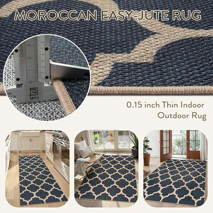 Lahome Moroccan Outdoor Rug 5x7, Easy Jute Blue Washable Rugs for Patio Living Room Outdoor Decor, Geometric Woven Area Rug Non Slip for Backyard, Thin Farmhouse Carpet for Bedroom Dining Room
