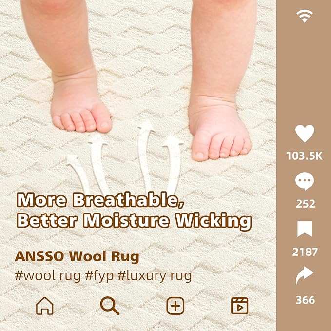 ANSSO Wool Rugs 8x10 for Living Room,80% Merino Wool and 20% Cotton Soft Tufted Area Rug with Cotton Non-Slip Backing,Large Area Rug for Bedroom Bedroom, Dining and Home Office (Cream)