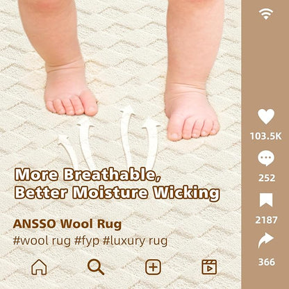 ANSSO Wool Rugs 8x10 for Living Room,80% Merino Wool and 20% Cotton Soft Tufted Area Rug with Cotton Non-Slip Backing,Large Area Rug for Bedroom Bedroom, Dining and Home Office (Cream)