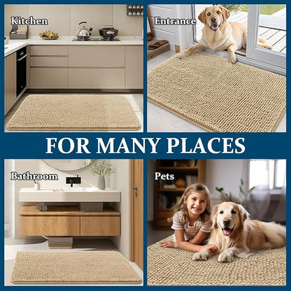 OLANLY Dog Door Mat for Muddy Paws 47x20, Absorbs Moisture and Dirt, Absorbent Non-Slip Washable Doormat, Quick Dry Chenille Mud Mat for Dogs, Entry Indoor Entryway Carpet for Inside Floor, Beige