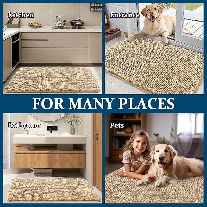 OLANLY Dog Door Mat for Muddy Paws 35x24, Absorbs Moisture and Dirt, Absorbent Non-Slip Washable Doormat, Quick Dry Chenille Mud Mat for Dogs, Entry Indoor Entryway Carpet for Inside Floor, Beige