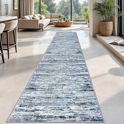 Modern Abstract Runner Rug 2.6x18, Grey Blue White Washable Long Kitchen Runner Non-Slip Soft Hallway Rug Runner Thin Print Faux Wool Carpet for Entryway Bedroom Laundry Room Indoor Home Decor