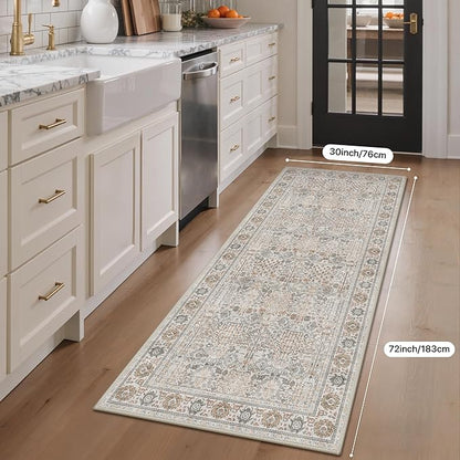 Bavni 2'6''x6 Rug Runners for Hallways, Washable Runner Rug Non Slip, Vintage Floral Print Style Rugs for Bedroom-Lightweight Low Pile Carpet for Hallways Bathroom, Beige Gery