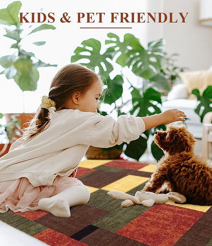 YIHOUSE Red and Green Rug 3x5, Burgundy Farmhouse Vintage Rugs Washable for Living Room,Burnt Orange Area Rug Non Slip,Geometric Boho Area Rug for Kitchen,Dining Room,Bedroom