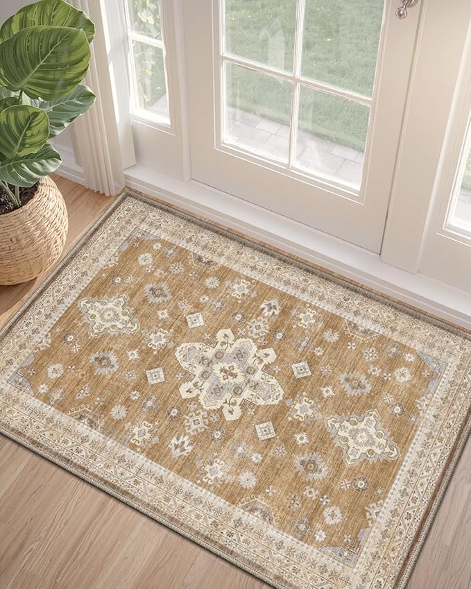 DEXI Area Rugs for Entryway 2x3, Washable Low Pile Vintage Traditional Entry Rug Non Slip, Small Indoor Door Mat for Bedroom Kitchen Entrance Hallway, Light Brown