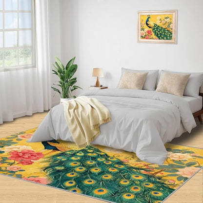 Classic Peacock Rug Large - 8x10 Rug, Peacock Peony Flower Washable Rugs for Living Room, Yellow Teal Turquoise Carpet, Non-Slip Area Rugs for Bedroom, Aesthetics Carpet - Peafowl Home Decor & Gifts