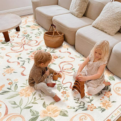 Orange Rug Bow Floral Rug for Girls, 2x3 Washable Small Area Rug for for Entryway, Kitchen, Front Door Indoor Entrance, Non Slip Carpet for Bathroom Bedroom Living Room